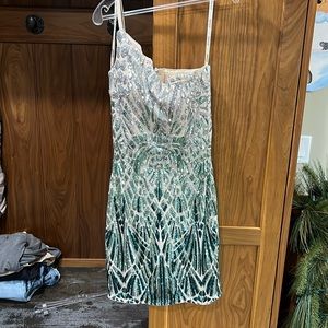 Jovani original style 07782 silver and green sequined one shoulder dress